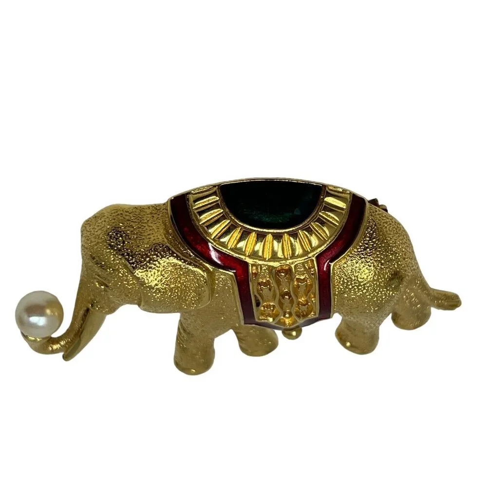 Vintage Monet Elephant Brooch Faux Pearl Red Blue Enamel and‎ Gold Tone Pin